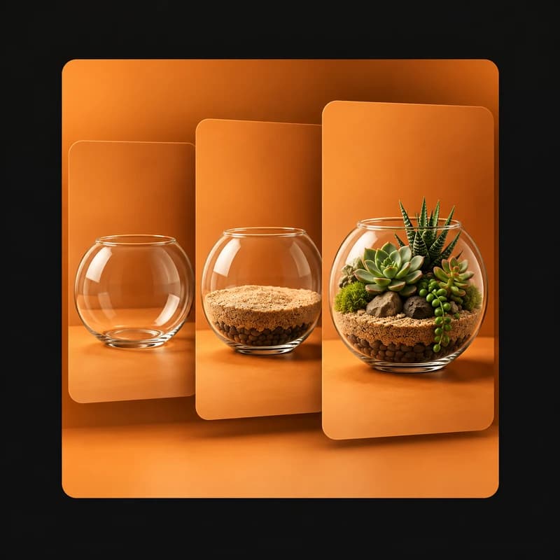 Illustrative example: cards showing the steps for assembling a terrarium